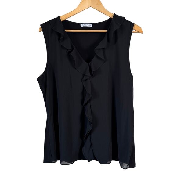 Calvin Klein Tops - Calvin Klein Black Ruffle Blouse Top Women's Size L Sleeveless Career Party